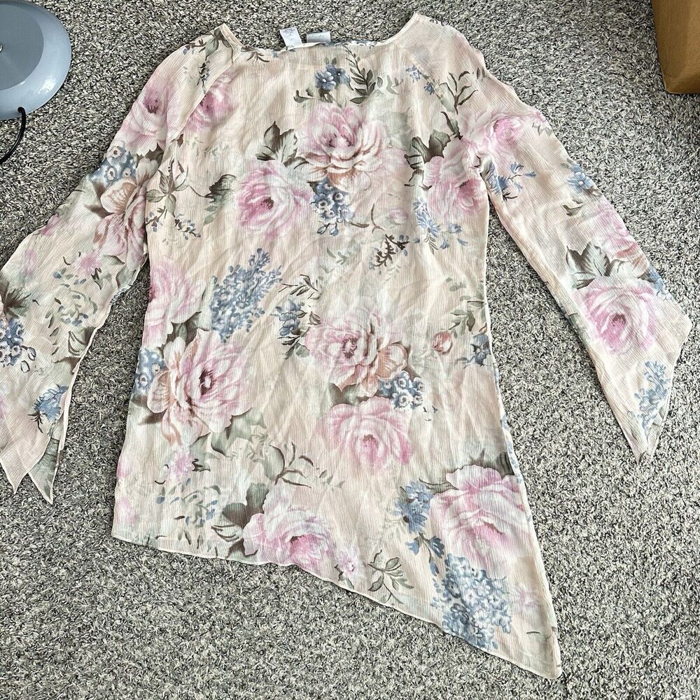 VTG Spiegel Silk Longsleeve Tunic Top Asymmetrical Hem Floral Semi Sheer M Fairy - Picture 3 of 5